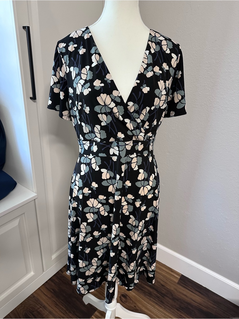 Ann Taylor Navy Floral Faux-Wrap Dress